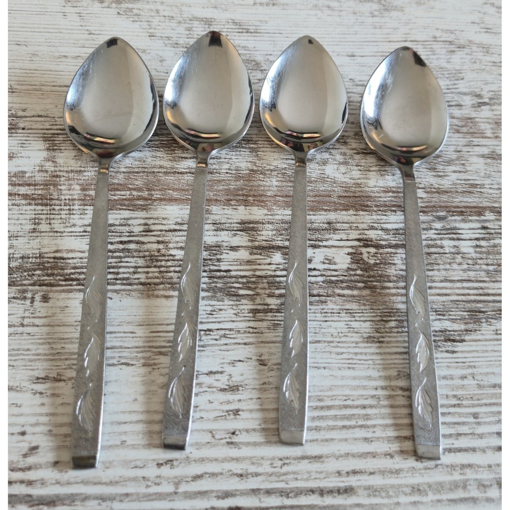 Vintage Carlton Korea Stainless Steel Tablespoons Set of 4 Frosted Leaf Pattern
